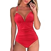 RXRXCOCO Women V Neck One Piece Swimsuits Tummy Control Ruched Swimwear Halter Bathing Suit