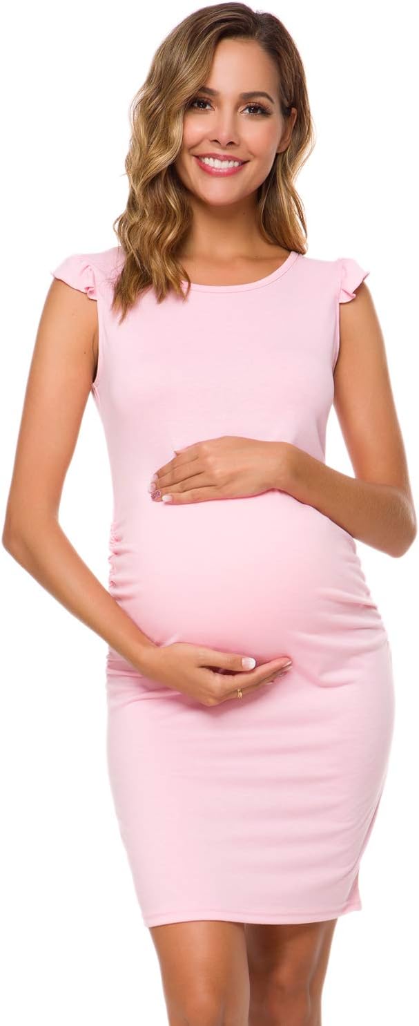 Women's Maternity Dress Side Ruched Flying Sleeve Midi Bodycon Pregnancy Dress