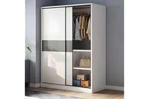 LITFAD Sliding Door Wardrobe Wooden Minimalistic Bedroom Armoires Modern Clothes Cabinet Functional Closet for Clothing with Shelves and Clothing Rods for Bedroom Storage,White-47 L x 18" W x 71" H