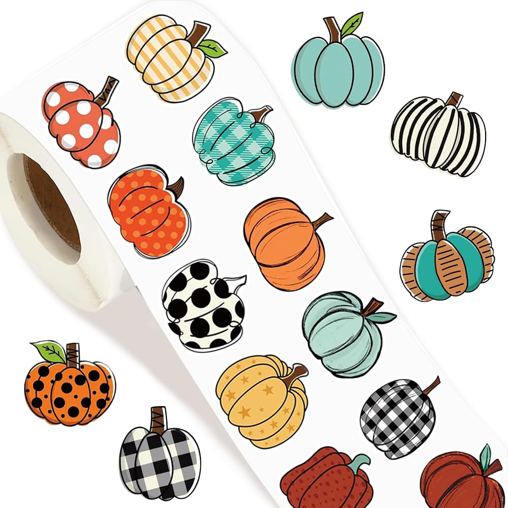 Photo 1 of 500Pcs Fall Thanksgiving Pumpkin Stickers Roll - 16 Designs Pumpkin Shaped Self-Adhesive Stickers, Multicolor Waterproof Decals for Autumn Party Cards Seal Envelopes Supplies Scrapbook Decor