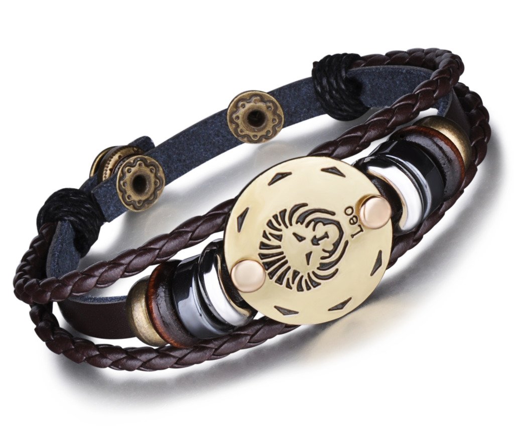 Infinite U Retro Punk Mens Womens 12 Constellation Zodiac Sign Bracelet Braided Leather Alloy Charm Bracelet Multilayer Wristband Bangle