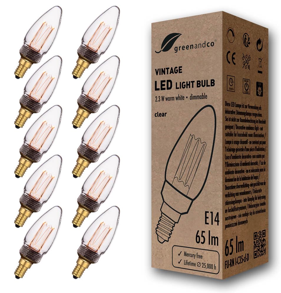 greenandco 10x dimmbare Vintage Design LED Birne zur Stimmungsbeleuchtung | E14 C35 | klar | 2,3W 65lm | 1800K extra warmweiß | 320° | 230V | flimmerf