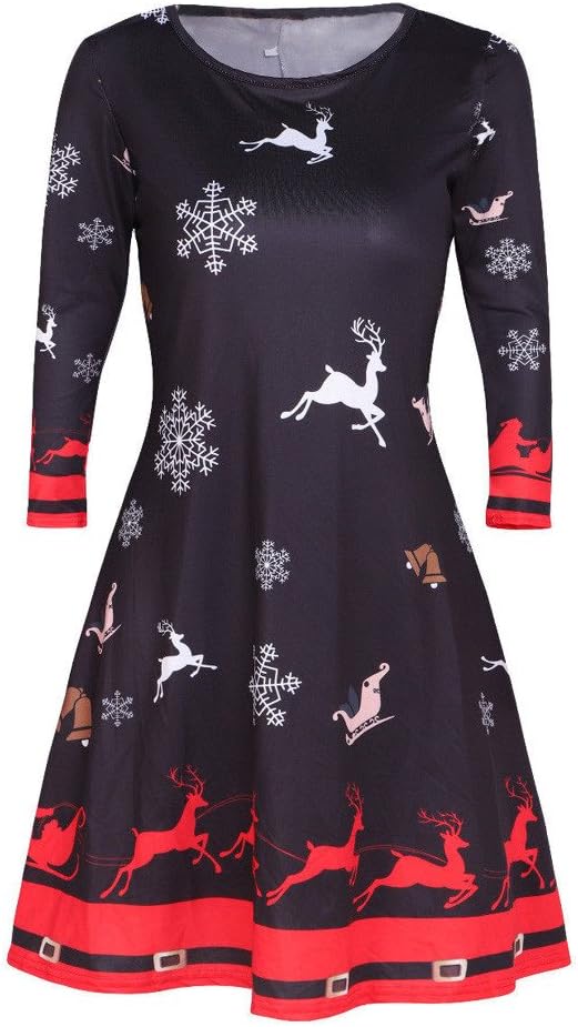 Womens Xmas Elk Skater Print Long Sleeve Snowman Evening Party Swing Dress
