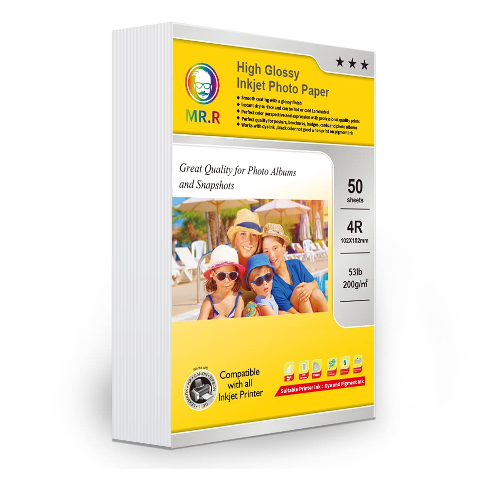 MR.R Inkjet Glossy Photo Paper 200 GSM 4" x 6" 10 x 15 cm 102 x 152 mm 4R x 50 Sheets for Epson Canon Inkjet Printer