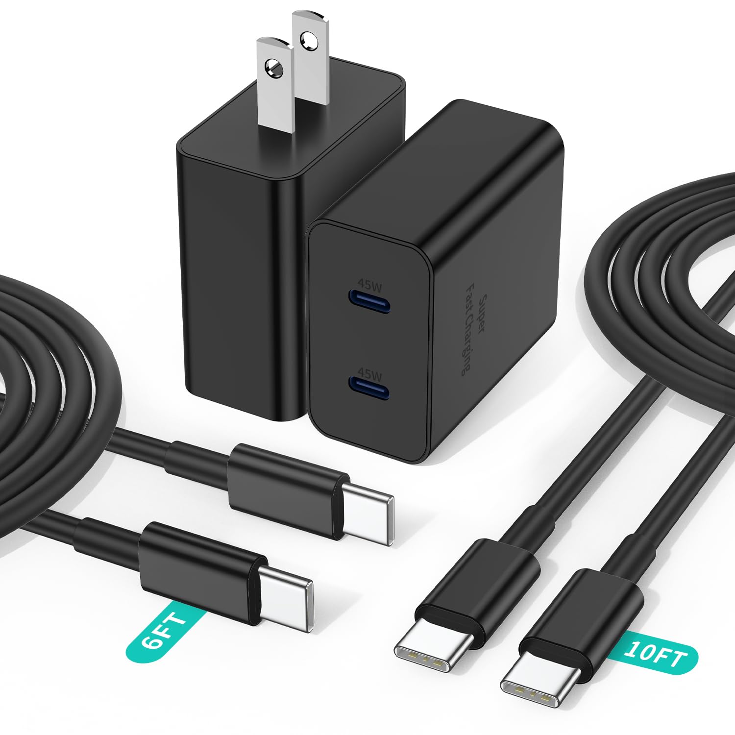 2Port 45W Super Fast Charger Type C for Samsung S25 Ultra/S24, PD3.0 USB C Android Phone Charger Fast Charging Block with 6FT/10FT Type C Cord for Samsung Galaxy S25+ Plus/S24+/S23/S22 Ultra/iPhone 16