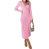 RAISECOM Womens Ribbed Knit Maxi Dresses Long Sleeve V Neck Casual Sweater Dress Bodycon Midi Dress
