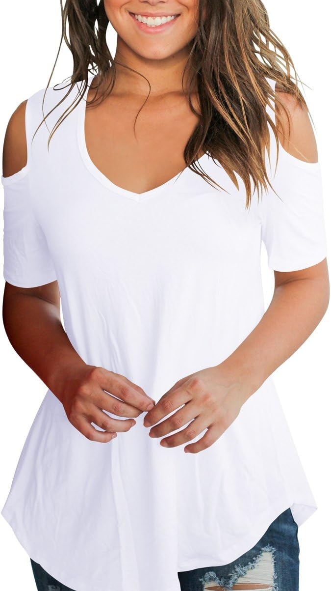 SMALNNIE Women's Cold Shoulder T Shirts V Neck Casual Short Sleeve Top