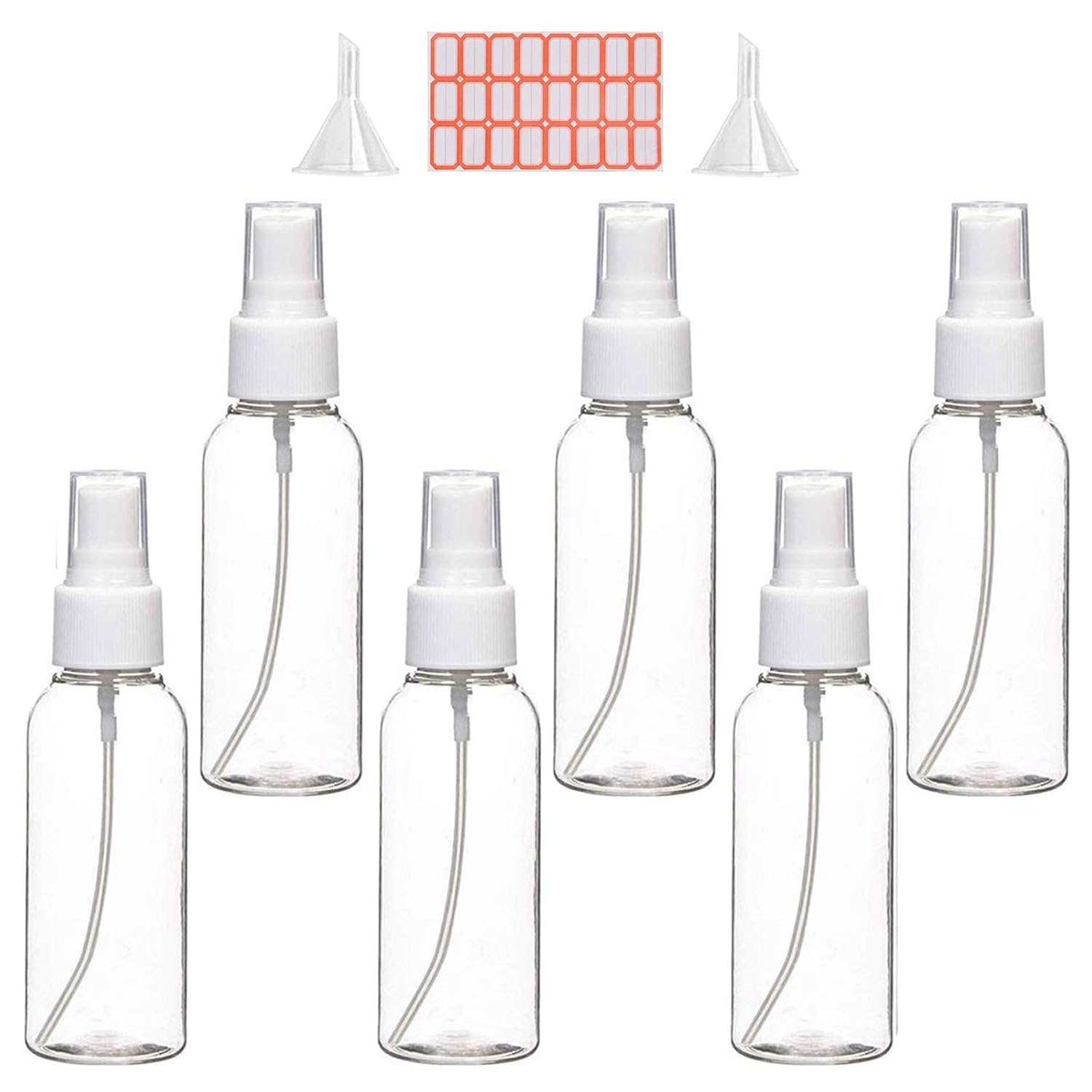 Spray Bottles, 2oz/50ml Clear Empty Fine Mist Plastic Mini Travel Bottle Set, Small Refillable Liquid Containers with 2pcs Funnels and 24pcs Labels (6 Pack) : Beauty