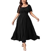 SHESTARR Women's Plus Size Maxi Dress Short Sleeve Smocked Square Neck Tie Front Split A-Line Flowy Long Dresses