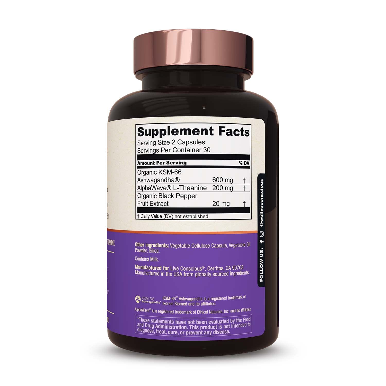 Live Conscious KSM-66 Ashwagandha Supplement w/L Theanine & AlphaWave - ZenWell Everyday Stress Relief, Cognitive, Brain Health - Ashwagandha for Men & Women - 60 Capsules