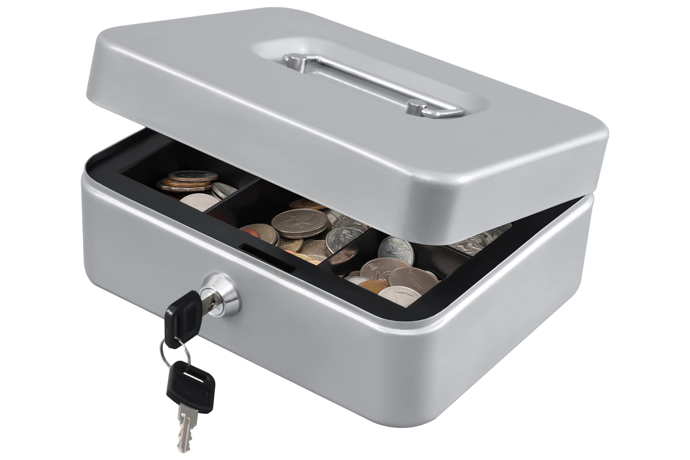 Photo 1 of KYODOLED Medium Cash Box with Money Tray,Small Safe Lock Box with Key,Cash Drawer,7.87"x 6.30"x 3.54" Lightgrey Medium