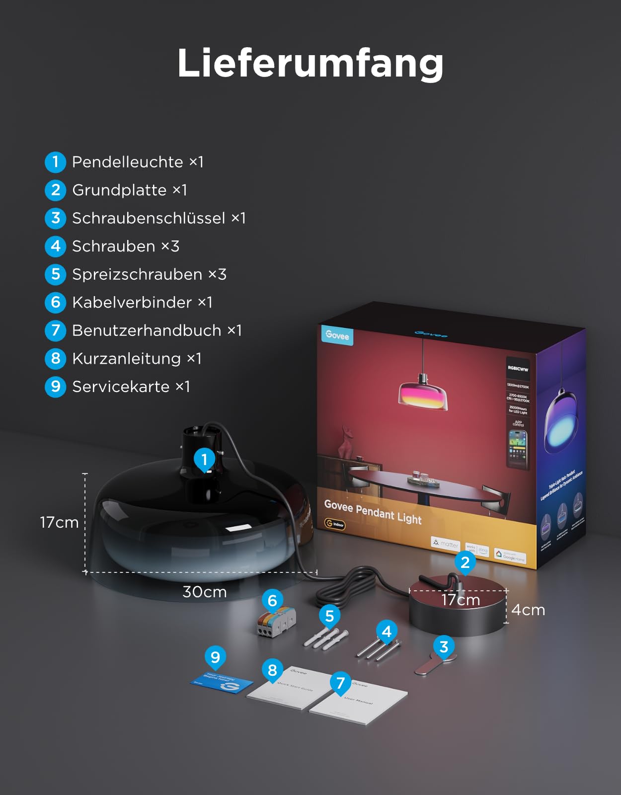 Govee Pendelleuchte, Smart RGBIC und Weißlicht-Hängelampe Esstisch, Drei Lichtringe Segmentierungskontrolle Pendant Light, Dimmable Esszimmerlampe Funktioniert mit Matter für Küche Esstisch 9