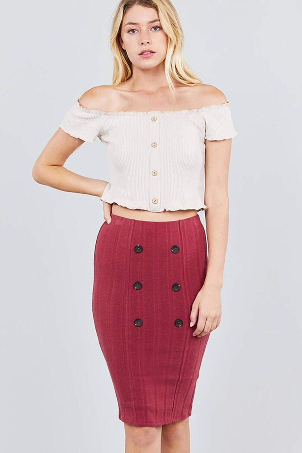 Button Detail Rib Midi Skirt Amazon.co.uk Clothing