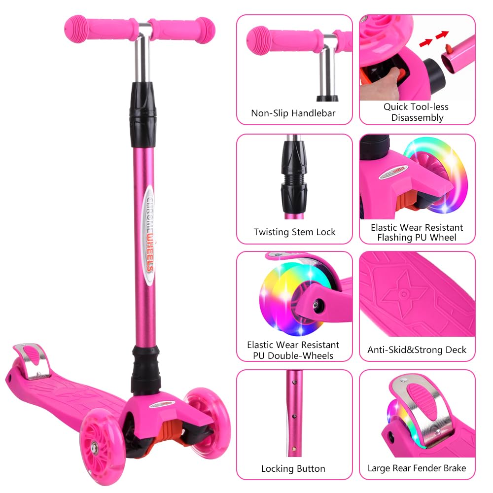 ChromeWheels Scooters for Kids, Deluxe 3 Wheels Kick Scooter 4 Adjustable Height 132lbs Weight Limit, Lean to Steer LED Light Up Wheel, Best Gifts for Girls Boys Ages 3-12 Years Old