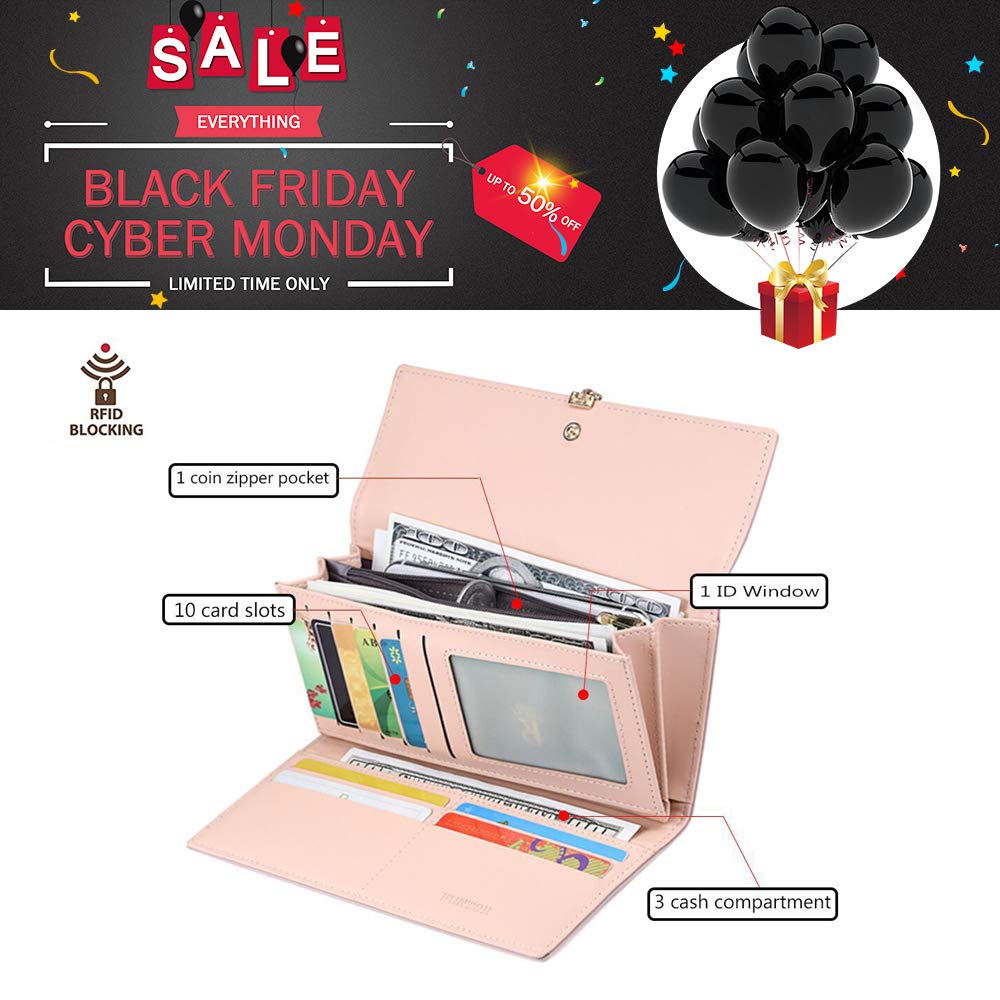 FT Funtor RFID Wallets for Women, Leaf Card Holder Trifold Ladies Wallets Coins Zipper Pocket with ID Window Large Wine Red