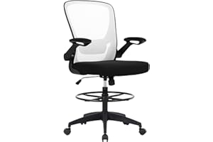 PayLessHere Drafting Chair Tall Office Chair Standing Desk Chair with Adjustable Foot Ring Flip-Up Arms and Lumbar Support Computer Chair (White)