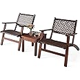 Tangkula 3 PCS Patio Conversation Set, Solid Eucalyptus Wood Frame Outdoor Wicker Furniture Set Bistro Set with Coffee Table, Rattan Furniture Set for Backyard Porch Garden Poolside Balcony (Brown)