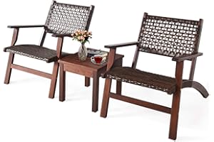Tangkula 3 PCS Patio Conversation Set, Solid Eucalyptus Wood Frame Outdoor Wicker Furniture Set Bistro Set with Coffee Table, Rattan Furniture Set for Backyard Porch Garden Poolside Balcony (Brown)