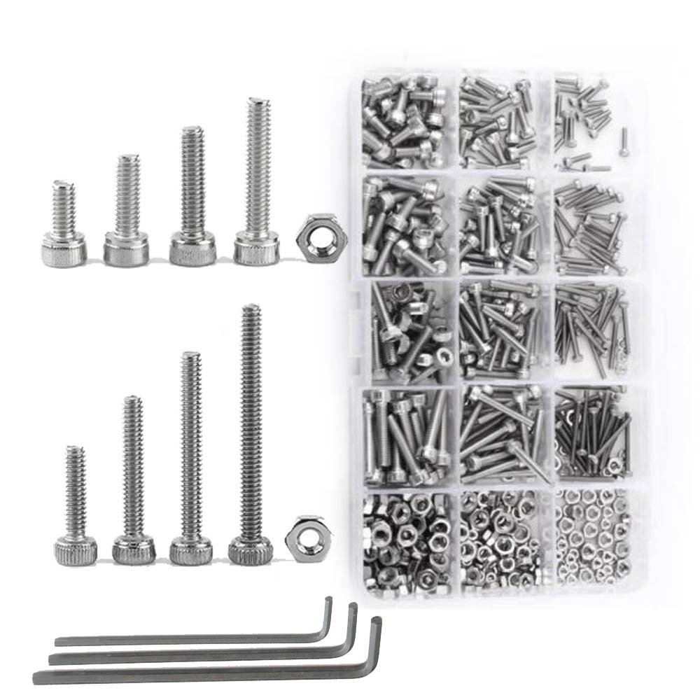 NUZAMAS 480 Pieces M2 M3 M4 304 Stainless Steel Hex Socket Cap Head Bolts and Nuts Assortment & Key Wrench Kit with Storage Box