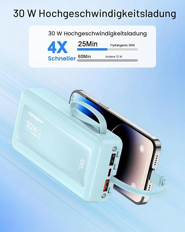 Powerbank 27000mAh mit 4 integrierten Kabel, 30W USB C Schnellladefunktion
