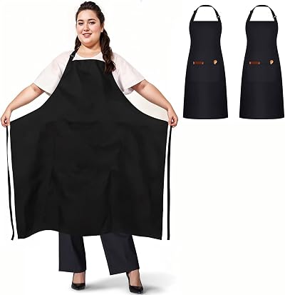 umbom 2 Pack Plus Size Apron Black Polyester 2 Pockets Adjustable Large