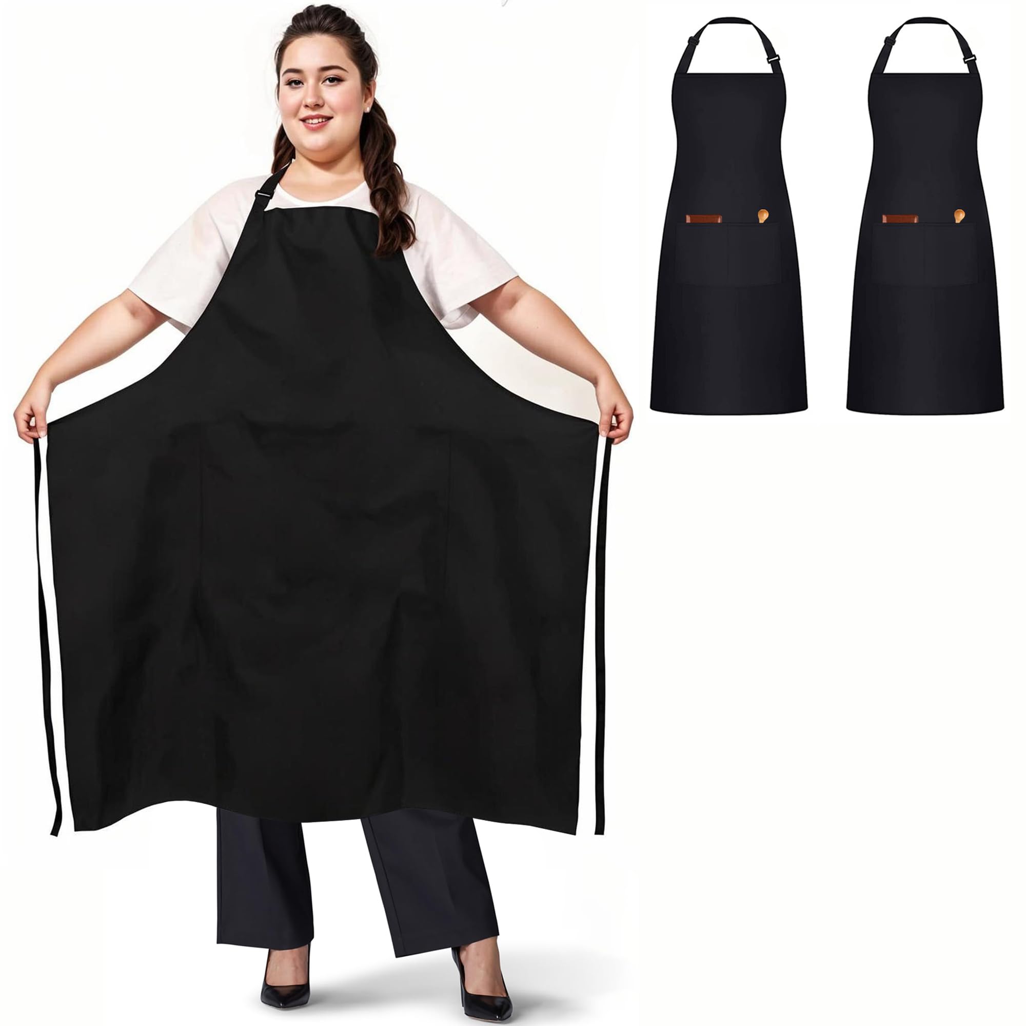 umboom 2 Pack Plus Size Apron with 2 Pockets, Adjustable Large Work Apron for Garden, Kitchen, Cooking, Grilling, Restaurant, Shop, Bistro, Bar, Café (Black)