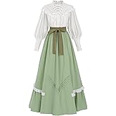 FCCAM Victorian Dress for Women V-neck Edwardian Dress Renaissance Costume with Pockets