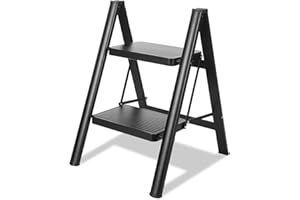 TOOLITIN 2 Step Ladder, Folding Step Stool for Adults with Wide Anti-Slip Pedal, Lightweight, Perfect for Kitchen& Household, Library Office,330lbs Capacity Sturdy Steel Ladder,Black