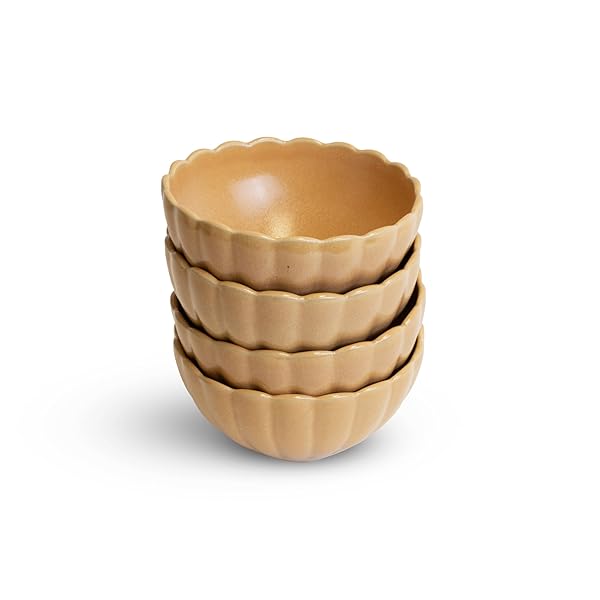 LEMIEUX ET CIE DHALIA 4-PIECE BOWL SET STONEWARE, BOWLS, DISHWASHER AND MICROWAVE SAFE, DISH SET FOR 4, CAMEL