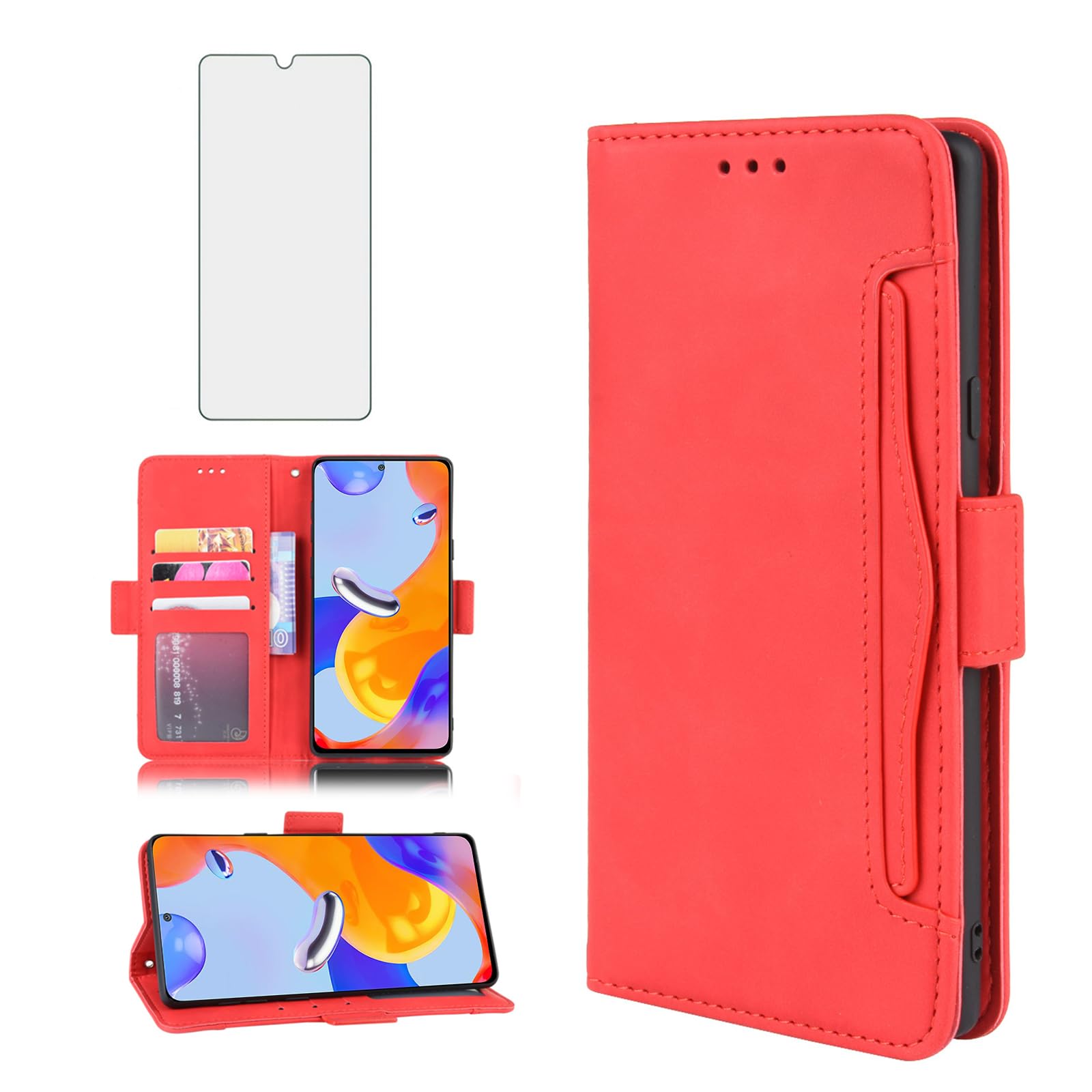 Asuwish Compatible with Xiaomi Redmi Note 11 Pro 4G/5G Wallet Case Tempered Glass Screen Protector Card Holder Stand Leather Flip Cell Accessories Phone Cover for Redme Note11 11E 11Pro Women Men Red