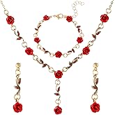 RLHRNDE 3 Pcs Red Rose Jewelry Set for Women Fashion Elegant Flower Pendant Necklace Bracelet Stud Earrings Wedding Valentine's Day Birthday Party Jewelry Gift