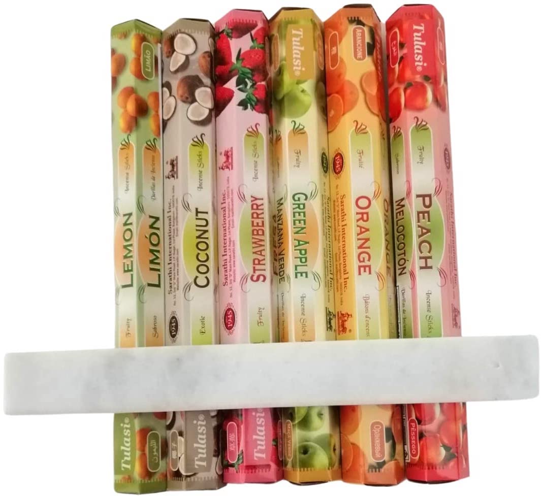 Rock and Baby Assorted Mix Natural Aromatherapy Aromatic Incense – 6 Packs of 20 Units + Incense Holder White Marble 26 x 3.5 cm – Very Sturdy and Elegant Incense Holder