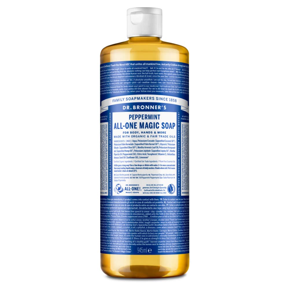 Dr Bronner's 18-in-1 Peppermint Pure-Castile Liquid Soap, Made with Organic Oils, Used for Face, Body, Hair, Laundry, Pets and Dishes, Certified Fair Trade & Vegan Friendly, 946ml Recycled Bottle — image 1