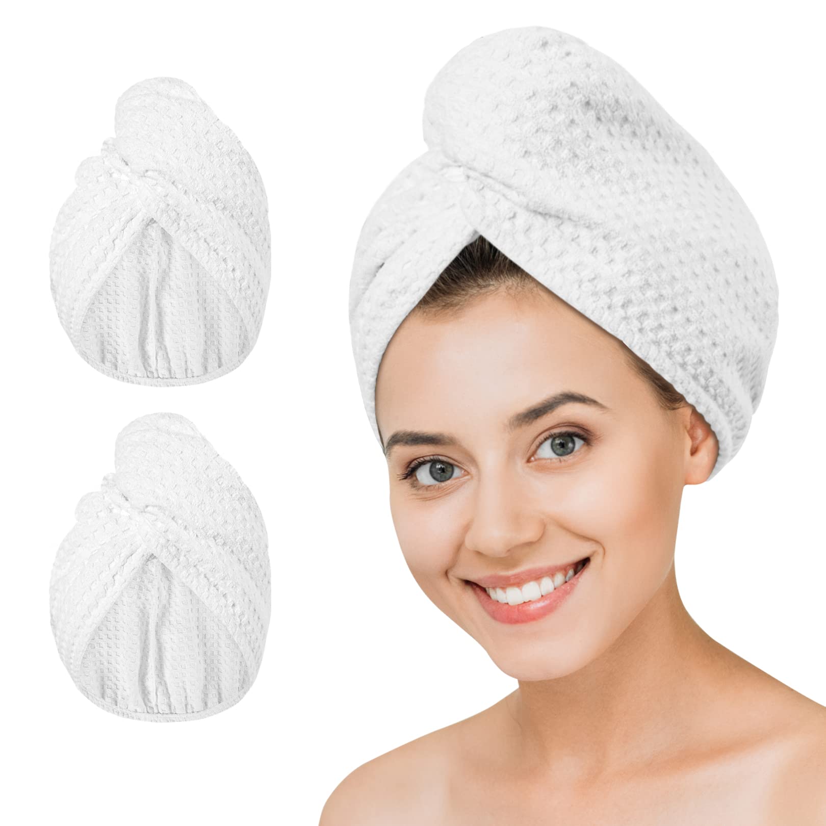 Photo 1 of Microfiber Hair Drying Towel - 2Packs Waffle Long Hair Head Turban Wraps Terry Cloth Fast Absorbent Dry Anti Frizz Twist Plopping Curly Shower Turban for Women Wet Hair (White)