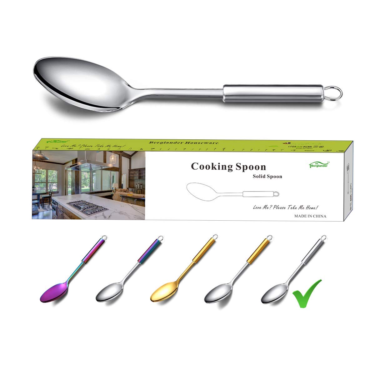 Berglander Solid Spoon, Stainless Steel Solid Cooking Spoons,Solid Serving, Kitchen Spoons, Spoon for Cooking, Basting Non-Stick And Heat Resistant, Dishwasher Safe (Silver)