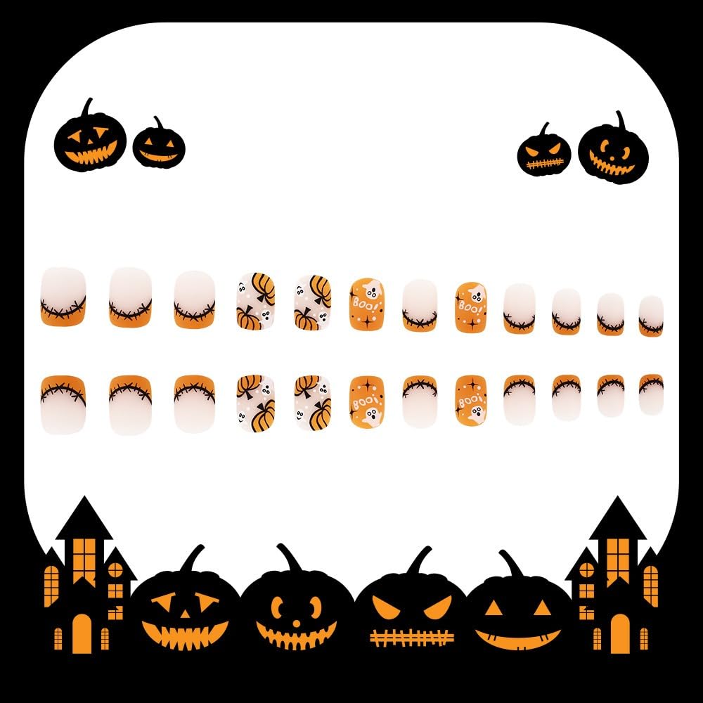 Short Square Press on Nails Halloween Pumpkin Fake Nails Orange French Tip Acrylic Nails Press on Matte False Nails with Ghost Patch Designs Glue on Nails Short Artificial Nails for Women 24PCS - Image 5