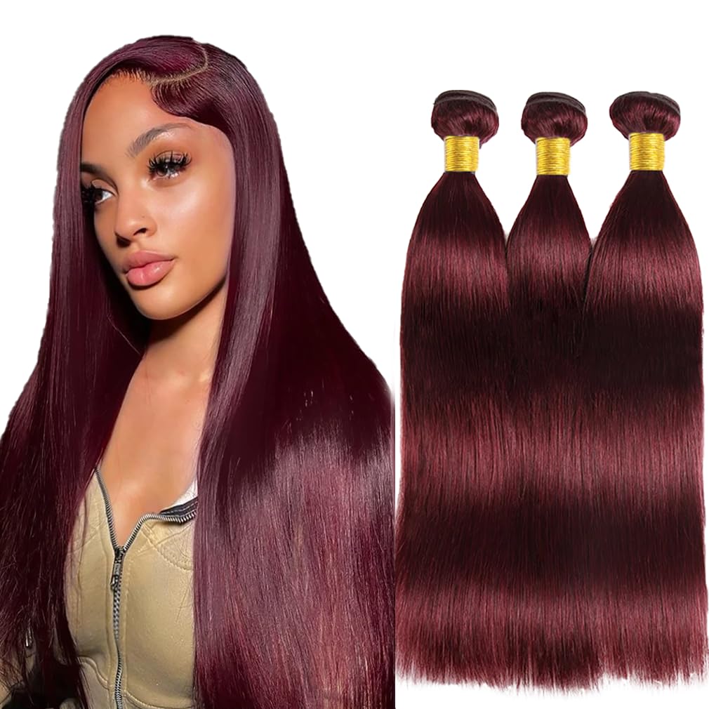 View 1 of #99J Burgundy Human Hair Bundles Straight Bundles 22 24 26 Inch Wine Red Bundle Unprocessed Brazilian Virgin Hair 3 Bundle 50 Gram Per Bundle Deals Quick Weave Hair Extensions