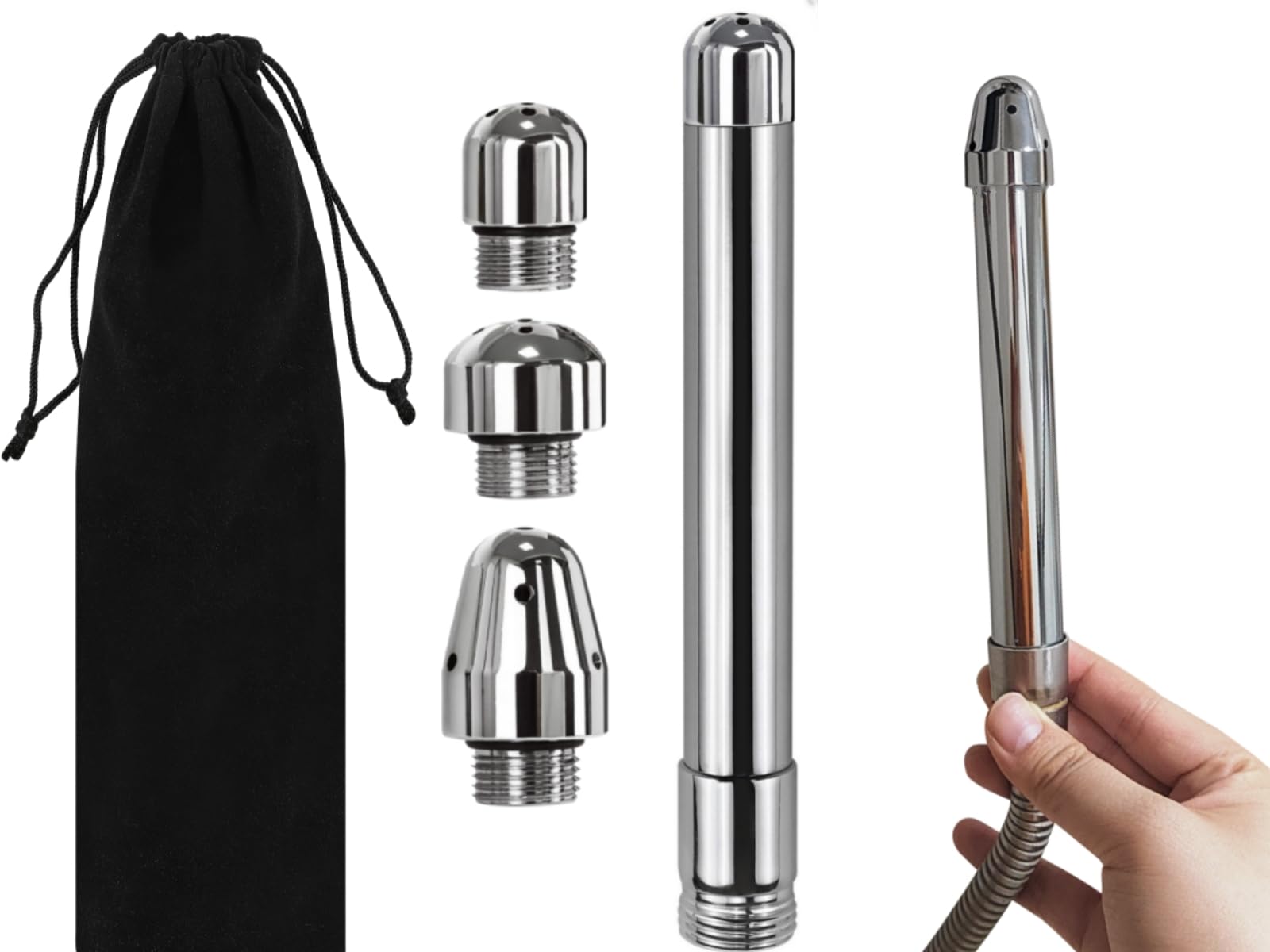 cakefly Shower Douche Set with 3 Heads Shower Enema Douche Kit | 7-Hole Cleansing Nozzle + Velvet Carry Bag for Men & Women