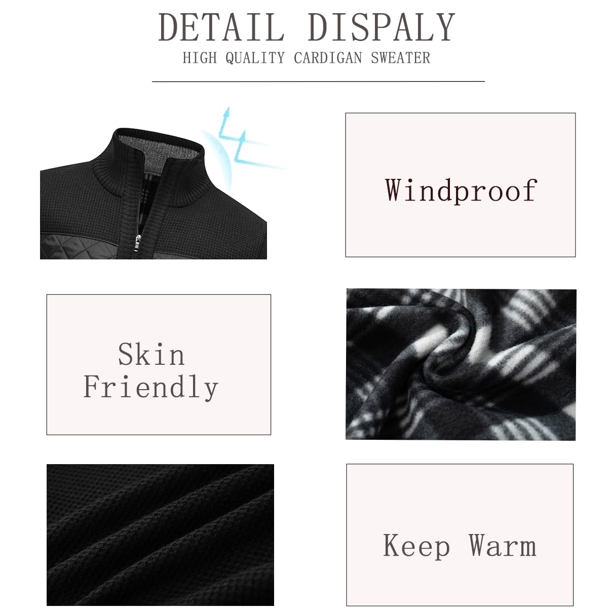 AKuVoL Men's Cardigan Sweaters Full Zip Stand Collar Slim Fit Long Sleeve Knitted Sweater with Pockets Black S