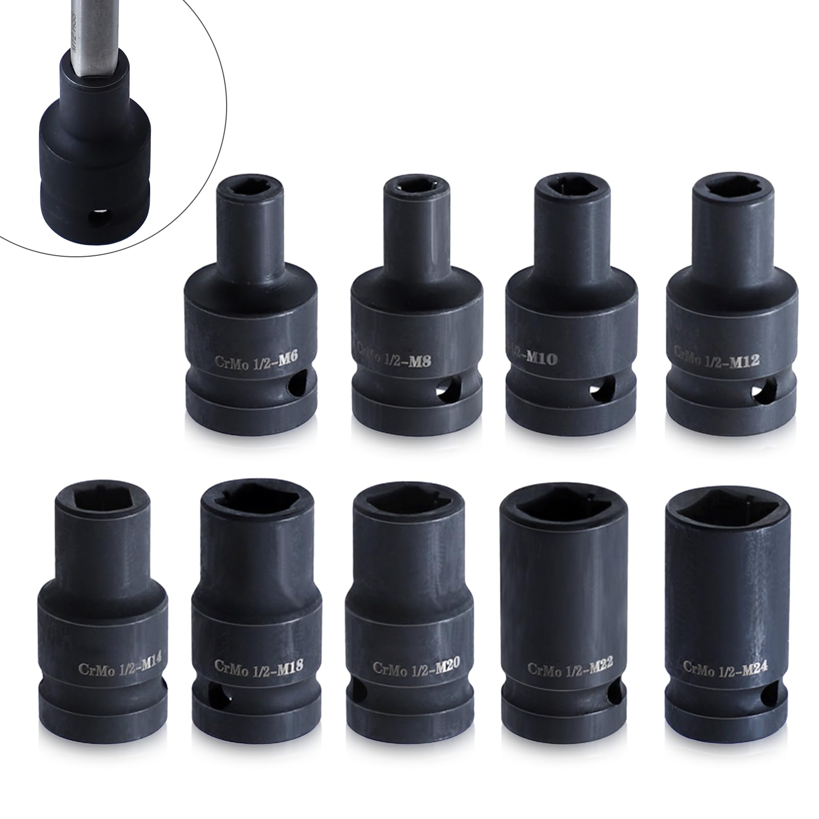 Goshyda 9 Pieces Tap Socket Set, 1/2 Inch Drive Square Socket Set, for Electric, Pneumatic, Hand Wrench, Cr Molybdenum Steel, Tool Accessories