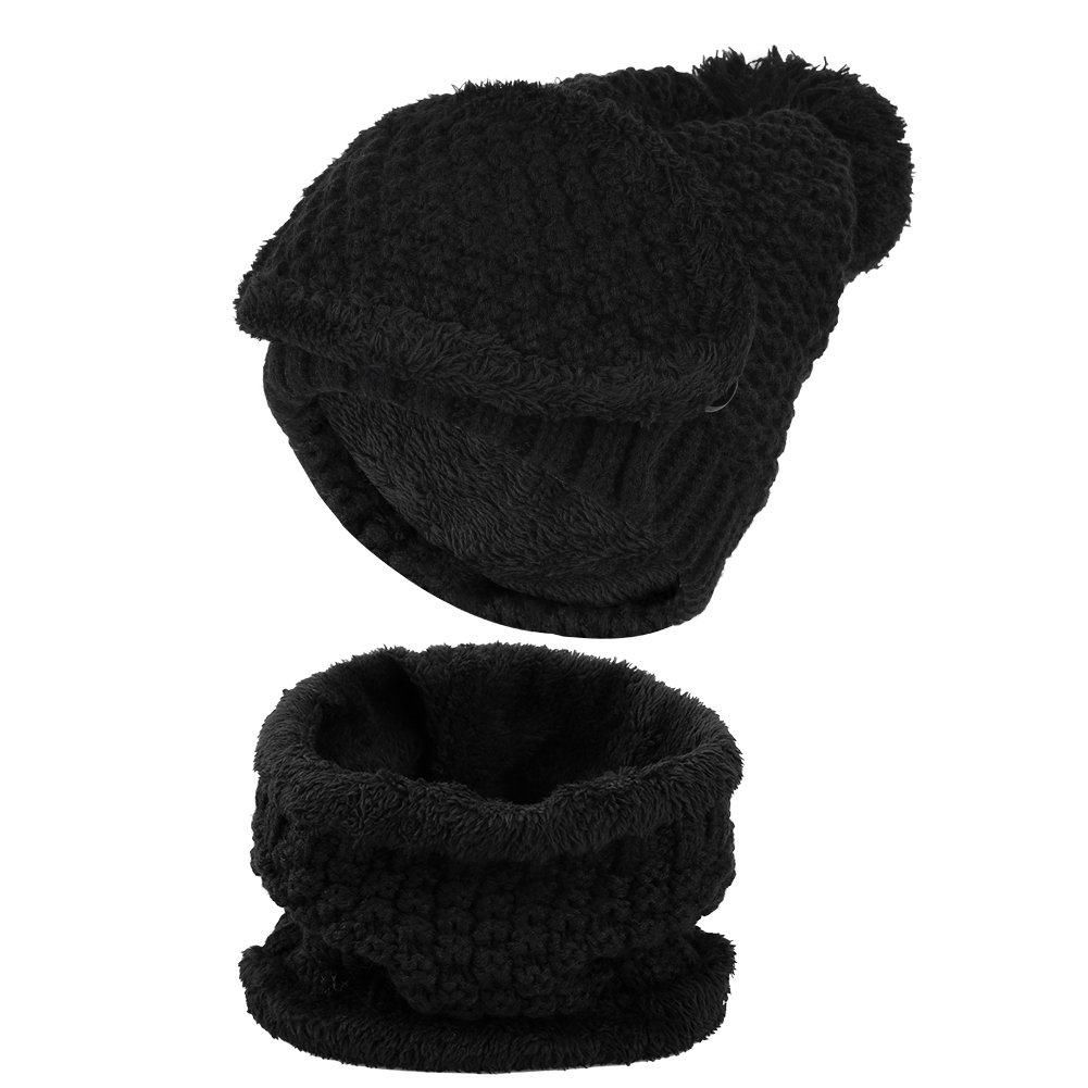 Vbiger Women Warm Hat Scarf Set Thickened Knit Hat and Scarf Winter Beanie and Scarf with Mask, Thick Plush Lining Design, Set of 3 (Black)