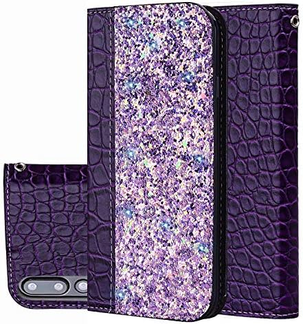 FGGKIMI Huawei P20 Pro Case Cover, Shining Glitter Crocodile Pattern Strong Magnetic Adsorption Full-Body Protection Flip PU Leather Wallet Case Cover for Huawei P20 Pro (Color : Bright Purple)
