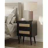 Masupu Rattan Night Stand, Modern nightstand Boho Bedside Table with 2 Drawer,Small End Side Table for Bedroom,Living Room,Office,Black