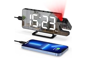 JXTZ Projection Alarm Clock, Digital Clock with 180° Rotatable Projector, 6-Level Brightness Alarm Clock for Bedroom with 2 Alarms, Snooze, Alarm Clock with Projection on Ceiling, USB Charger Ports, 12/24H