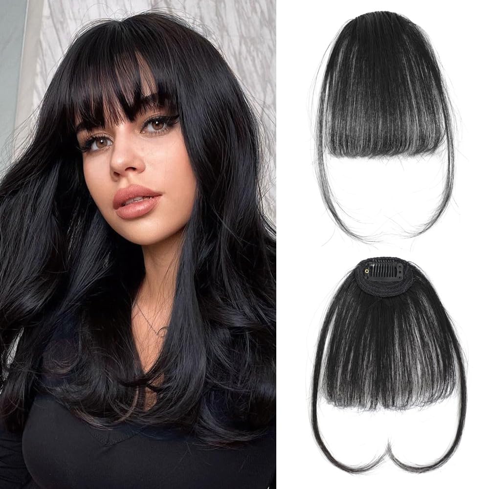 Clip in Fringe,Clip In Bangs for Women Hair Extensions Front Full Neat Human Hairpieces, Fashion Straight Wispy Bangs Fringe Air Bangs Clip for Daily Wear (Natural black)