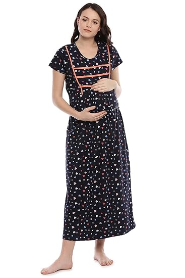 Womens Navy Blue Printed Maternity Nightdress