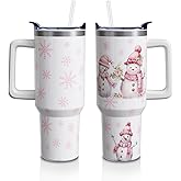 Christmas White Snowman Gifts for Women Men, Xmas Stainless Steel Insulated Travel Coffee Cup, 40 Oz Tumbler with Handle and Straw, Winter Holiday Water Bottle (1 PC)