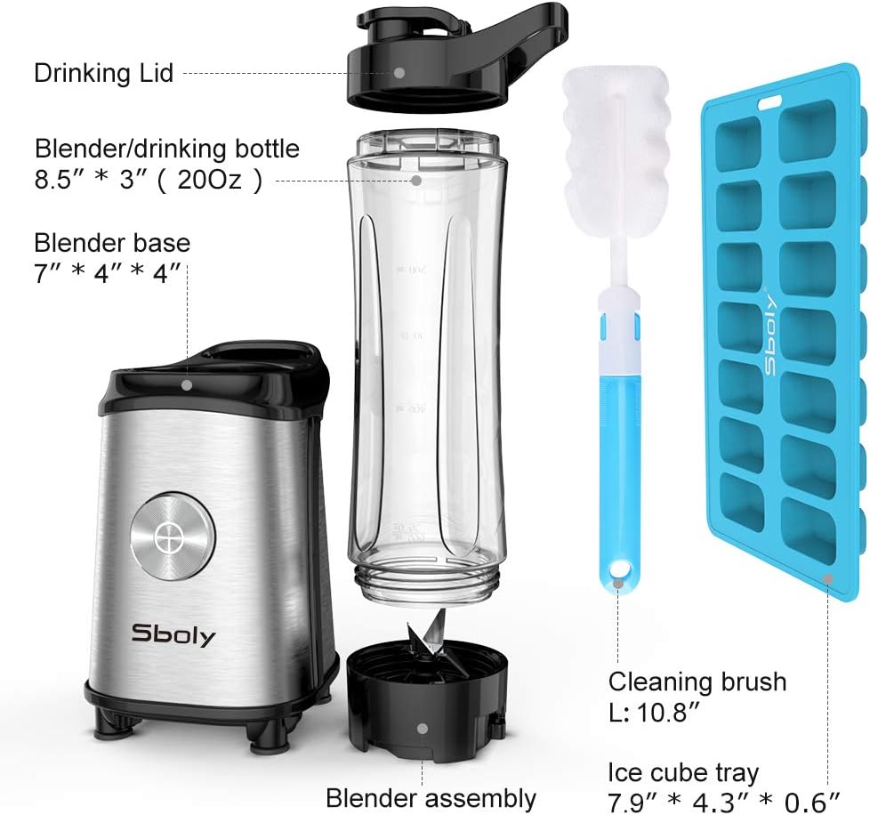 Personal Blender, Sboly Smoothie Blender Single Serve Small Blender for Juice Shakes and Smoothie with 20 oz Tritan BPA-Free Blender Cup, 300W (with Silicone Ice Cube Tray/Bottle Brush): Kitchen & Dining