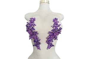ESOSZNUA Handmade Bodice Rhinestones Applique Sewing Glass Beads Stones Crystal Trim Lace Patches for Dress Clothing Accessories 1pair/Bag 3.1X9.4inches (Purple)