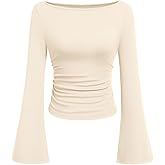PRETTYGARDEN Womens Long Sleeve Shirts 2026 Spring Crop Going Out Tops Casual Boat Neck Bell Sleeve Ribbed Ruched Y2K Clothes